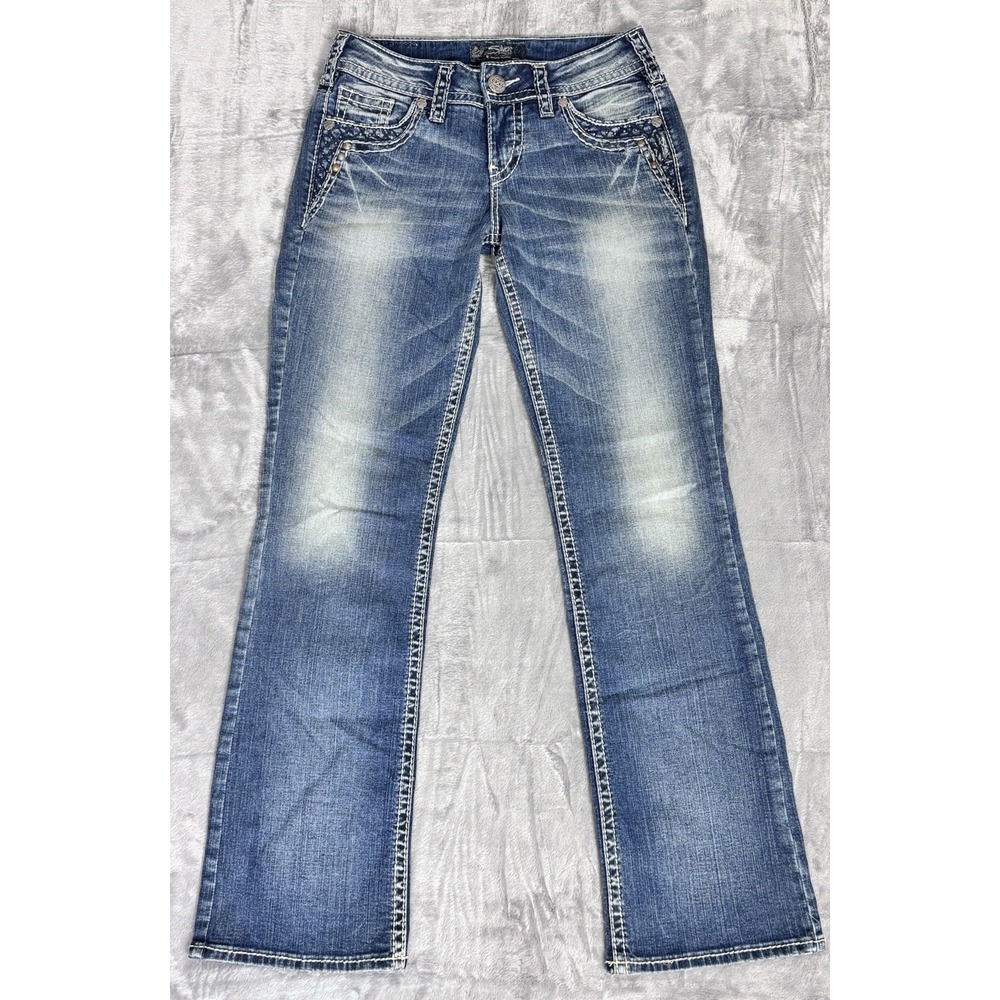 Silver Suki Womens Bootcut Jeans Size 26 Bling Pockets Stretch Denim 30 Inseam